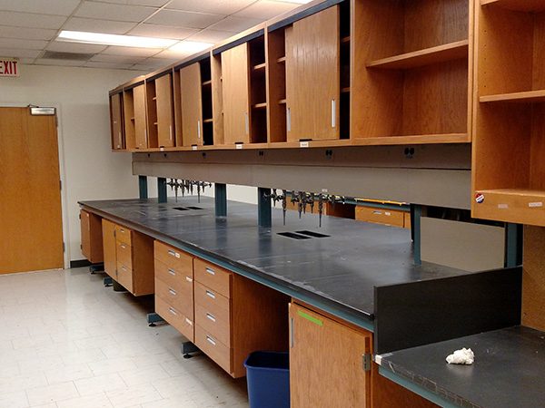 Original lab furnishings with old cabinets and bench tops