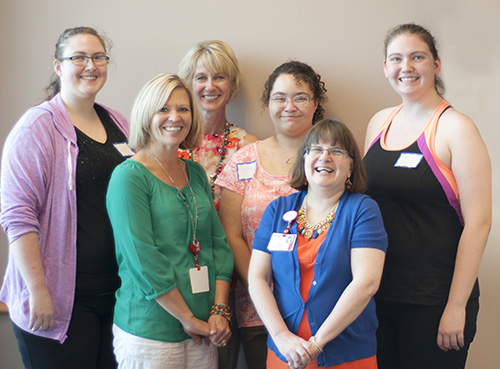 From left: participant Courtney Myers; clinic nurse Kelly Dunphy, RN; Tracy Bekx, MD; participant Sydney Azim; Ellen Connor, MD; participant Kaitlyn Myers