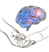 drawn image of an adult hand holding a baby hand underneath a brain
