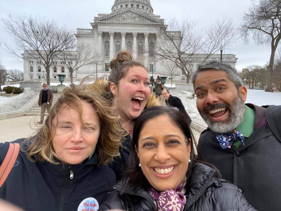 GPAM Drs Mala Mathur, Dipesh Navsaria, and Paula Cody in front of the WI State capital during the WI AAP Advocacy Day