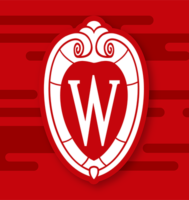 UW crest in red and white on a red background with dark red dash lines