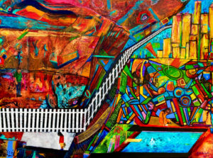 The artwork includes a white fence separating a person surrounded by curved lines and bright colors, while a child is on the other side of the fence with their head down.