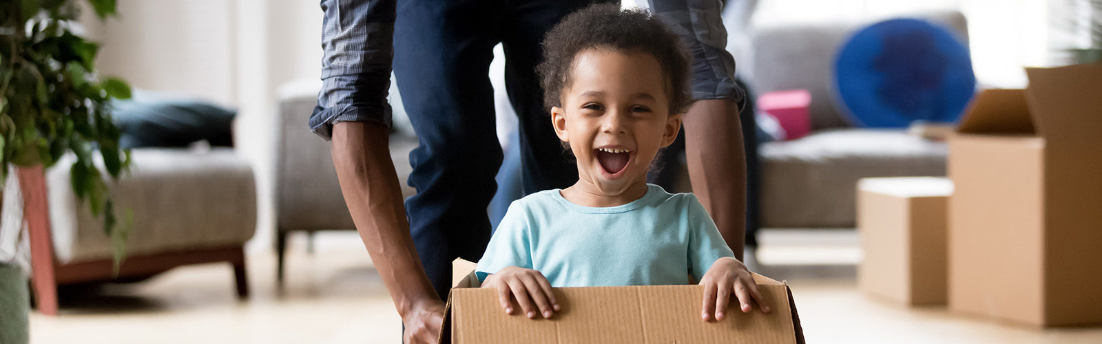 laughing child in a box being pushed around a living room by an adult