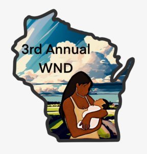 State of Wisconsin in outline with the image of a woman holding a baby and blue skies and farm fields in the background