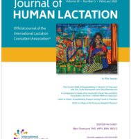 Cover of February 2023 issue of Journal of Human Lactation, which includes a colorful painting of a woman breastfeeding an infant.