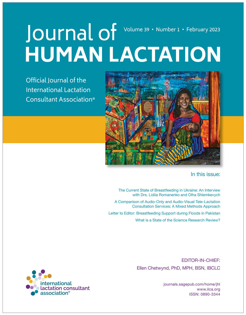 Cover of February 2023 issue of Journal of Human Lactation, which includes a colorful painting of a woman breastfeeding an infant.