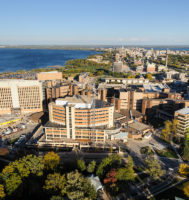 The medical area of the western side of the University of Wisconsin–Madison campus is pictured in an aerial view during autumn.