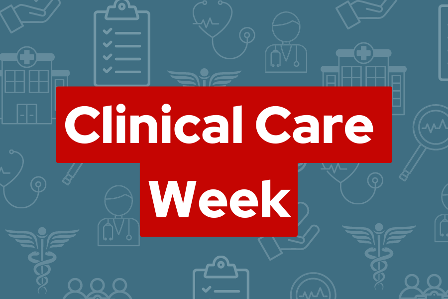 Clinical Care Week. Blue background with clinic-related icons.