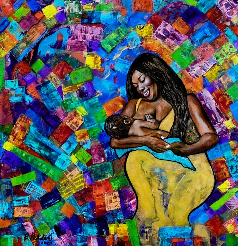 a painting of a smiling woman of color breastfeeding an infant