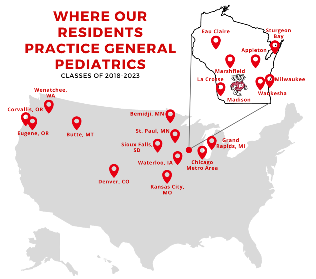 a map of the country highlighting where graduating residents practice general pediatrics, with a su section detailing locations in Wisconsin
