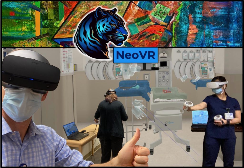a collage of several health care workers wearing VR headsets