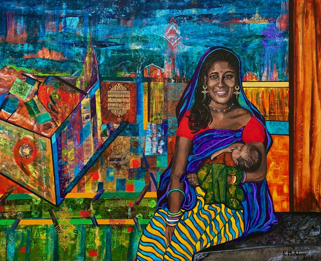 a painting of a smiling woman of color breastfeeding an infant
