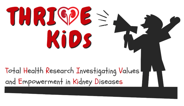 a logo of the silhouette of a child shouting into a megaphone, saying "THRIVE KiDS"