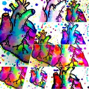Repeating pattern of colorful watercolor hearts