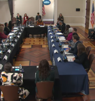 Group of people sitting around a table in a White House conference room