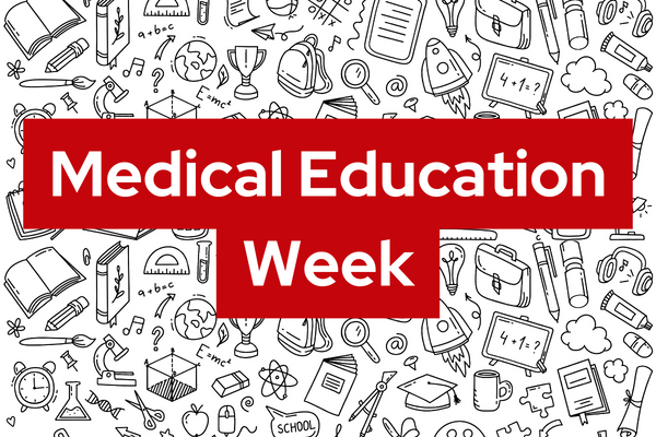 Black and white background of education icons with the text Medical Education Week