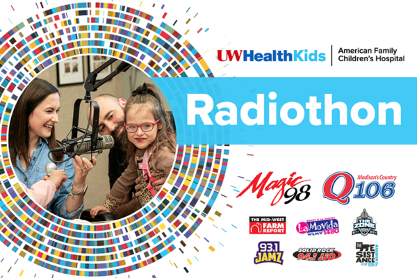 Promotional image for the UW Health Kids Wisconsin Medicine Radiothon, with a photo of a child and two adults in a radio studio