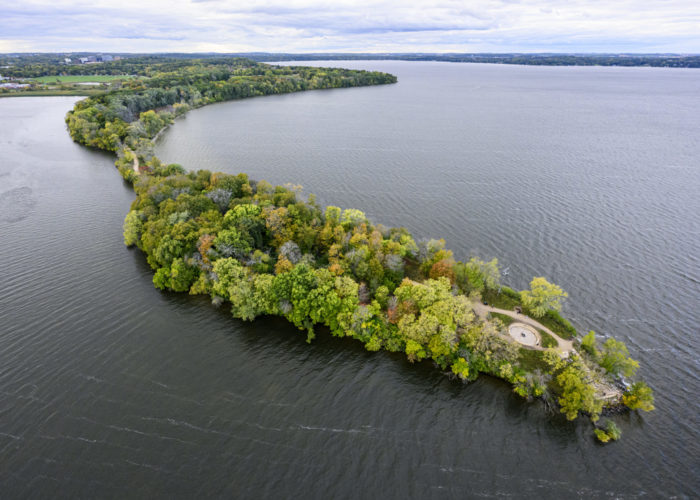 Lake Mendota and Picnic Point are pictured looking south in an aerial taken from a helicopter at the University of Wisconsin–Madison on Oct. 14, 2023. (Photo by Jeff Miller / UW–Madison)