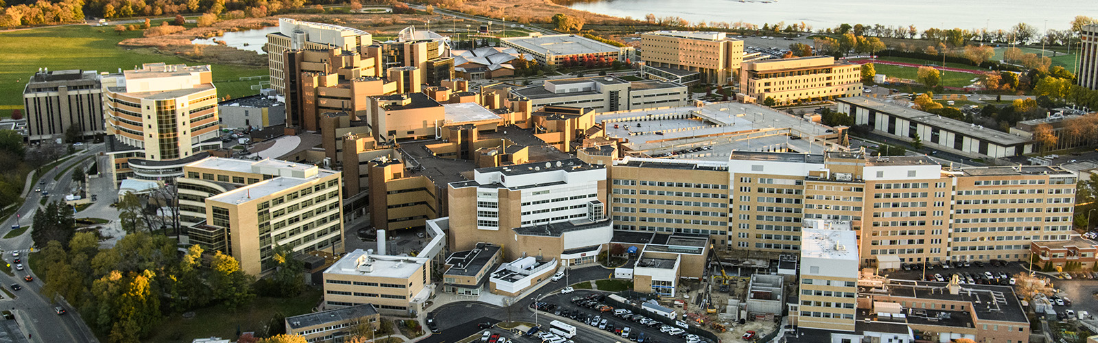 The University of Wisconsin-Madison campus, including the UW Hospitals and Clinics, are pictured in an early morning aerial taken from a helicopter on Oct. 23, 2018. (Photo by Bryce Richter /UW-Madison)