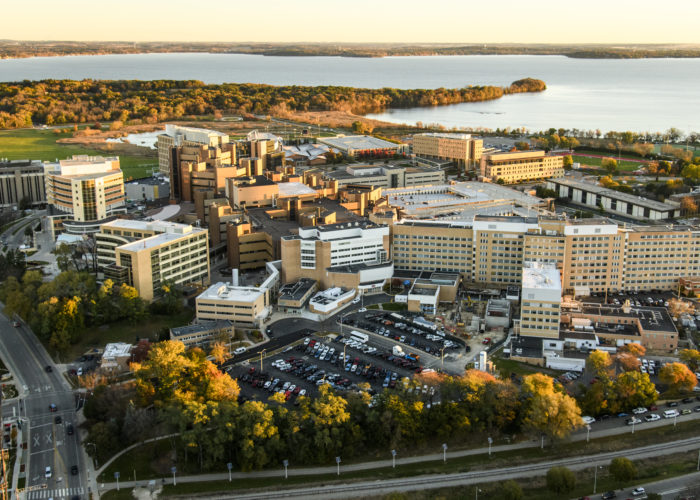 The University of Wisconsin-Madison campus, including the UW Hospitals and Clinics, are pictured in an early morning aerial taken from a helicopter on Oct. 23, 2018. (Photo by Bryce Richter /UW-Madison)