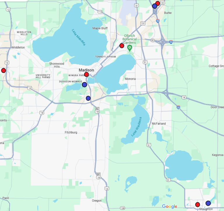 a map of community clinic locations in the Madison area