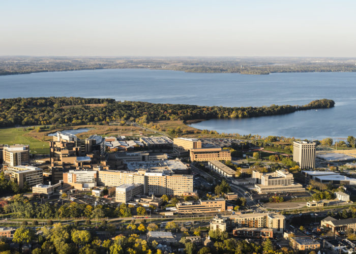 The far western portion of the University of Wisconsin-Madison campus, which includes the medical complex featuring UW Hospitals and Clinics, Picnic Point and Lake Mendota, are pictured in an aerial view during autumn on Oct. 13, 2016. The photograph was made from a helicopter looking west. (Photo by Jeff Miller/UW-Madison)