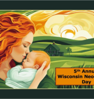 Artwork of a woman with red, curly hair kissing the forehead of the baby in her arms.