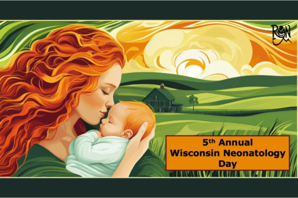 Artwork of a woman with red, curly hair kissing the forehead of the baby in her arms.