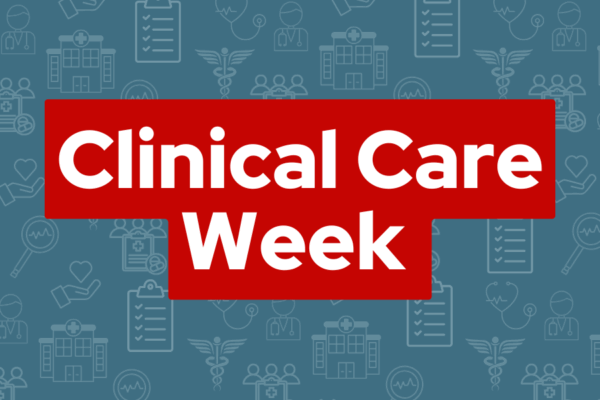 A promotional graphic with the words Clinical Care Week against a background of healthcare icons.