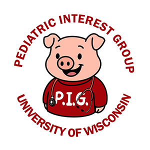 Logo for the Pediatric Interest Group at the University of Wisconsin, featuring a cartoon pig wearing a stethoscope and a red sweatshirt with P.I.G. written on it.