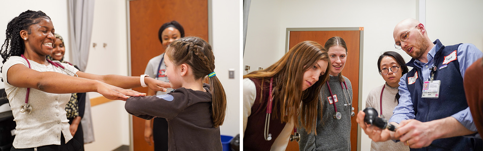 A photo of a medical student examining a child in a clinical setting next to a photo of a health professional demonstrating an ear scope to medical students.