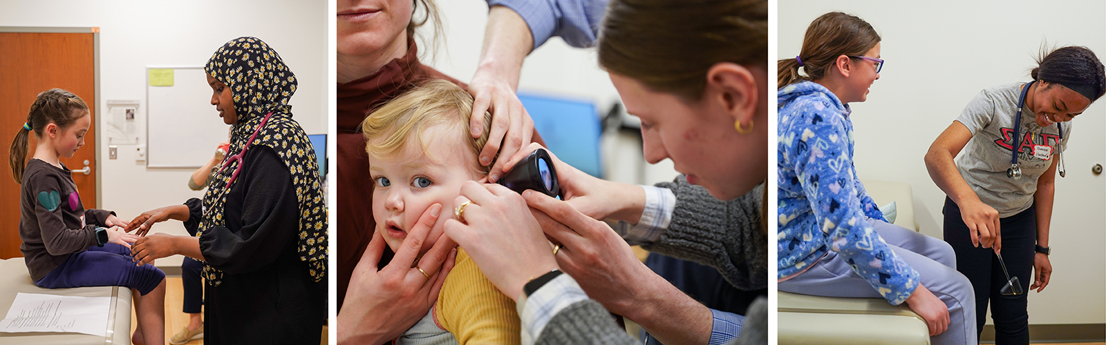 A series of photos showing medical students examining kids in a clinical setting.