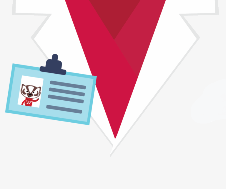 Graphic representation of a white lab coat with a red undershirt and blue badge with a Bucky Badger cartoon on it.
