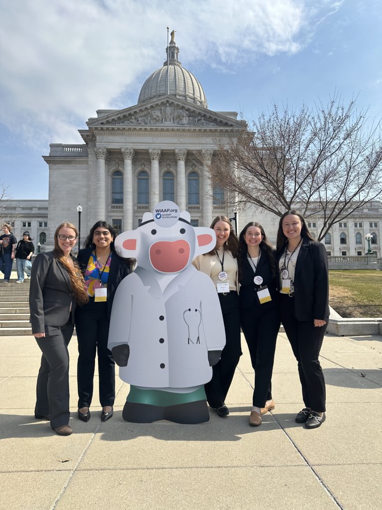 5 Pediatrics Residents stand with a cardboard cutout of a cow wearing a doctor's whitecoat in front of the Wisconsin State Capitol.