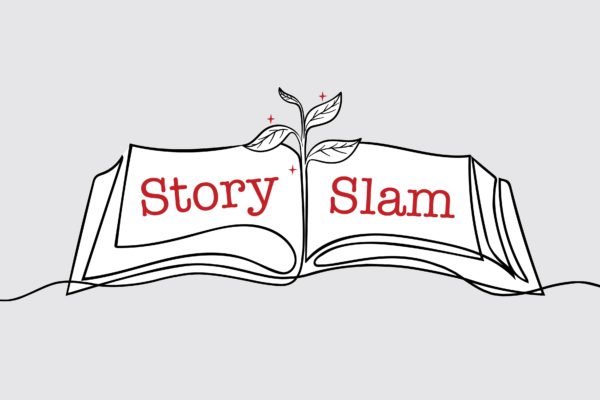 Story slam. Plant growing out the spine of a book.