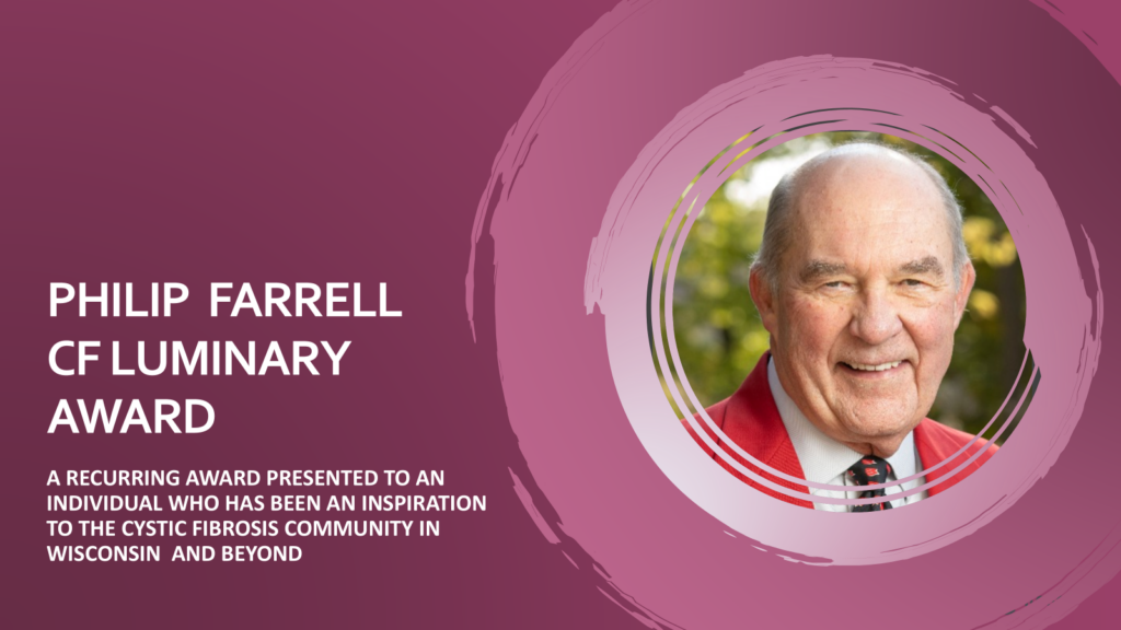 A purple graphic with a photo of Philip Farrell and the text Philip Farrell CF Luminary Award.